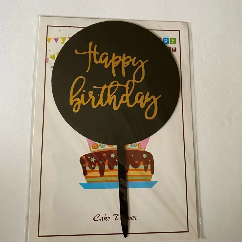 Happy birthday cake topper gold calligraphy acrylic plexi glass-4” 5 pack